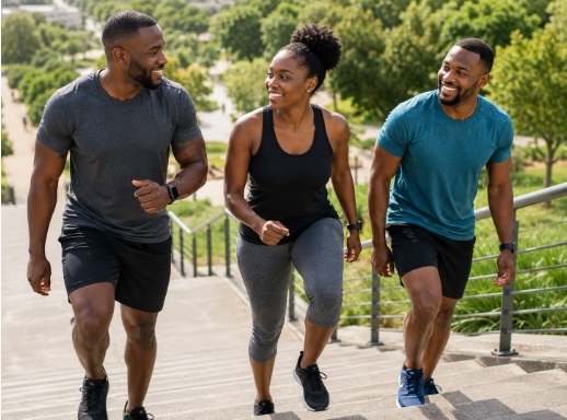 Three young African friends exercising as they walk up a staircase